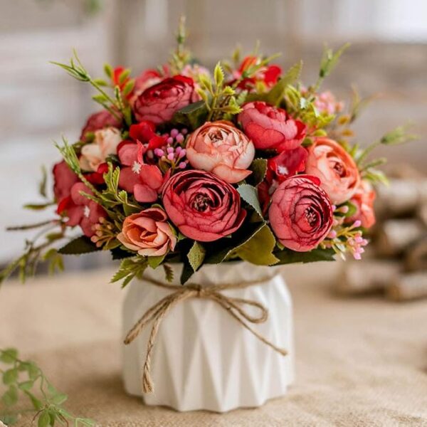 Artificial Flowers Fake Flowers Silk Rose Bouquets Decoration with Ceramics Vase for Table Home Office Wedding