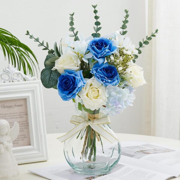 Fake Flowers Artificial Blue White Roses Flower with Vase