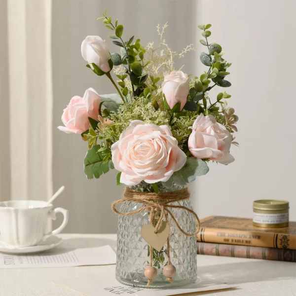 YJ Fake Flowers with Vase Artificial Flowers Silk Roses Flower Bouquet in Vase
