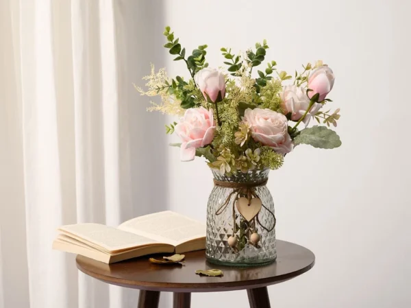 YJ Fake Flowers with Vase Artificial Flowers Silk Roses Flower Bouquet in Vase - Image 2